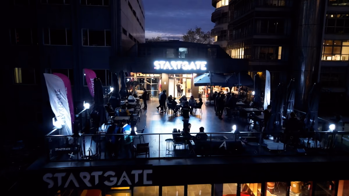 StartGate's outdoor terrace in the evening